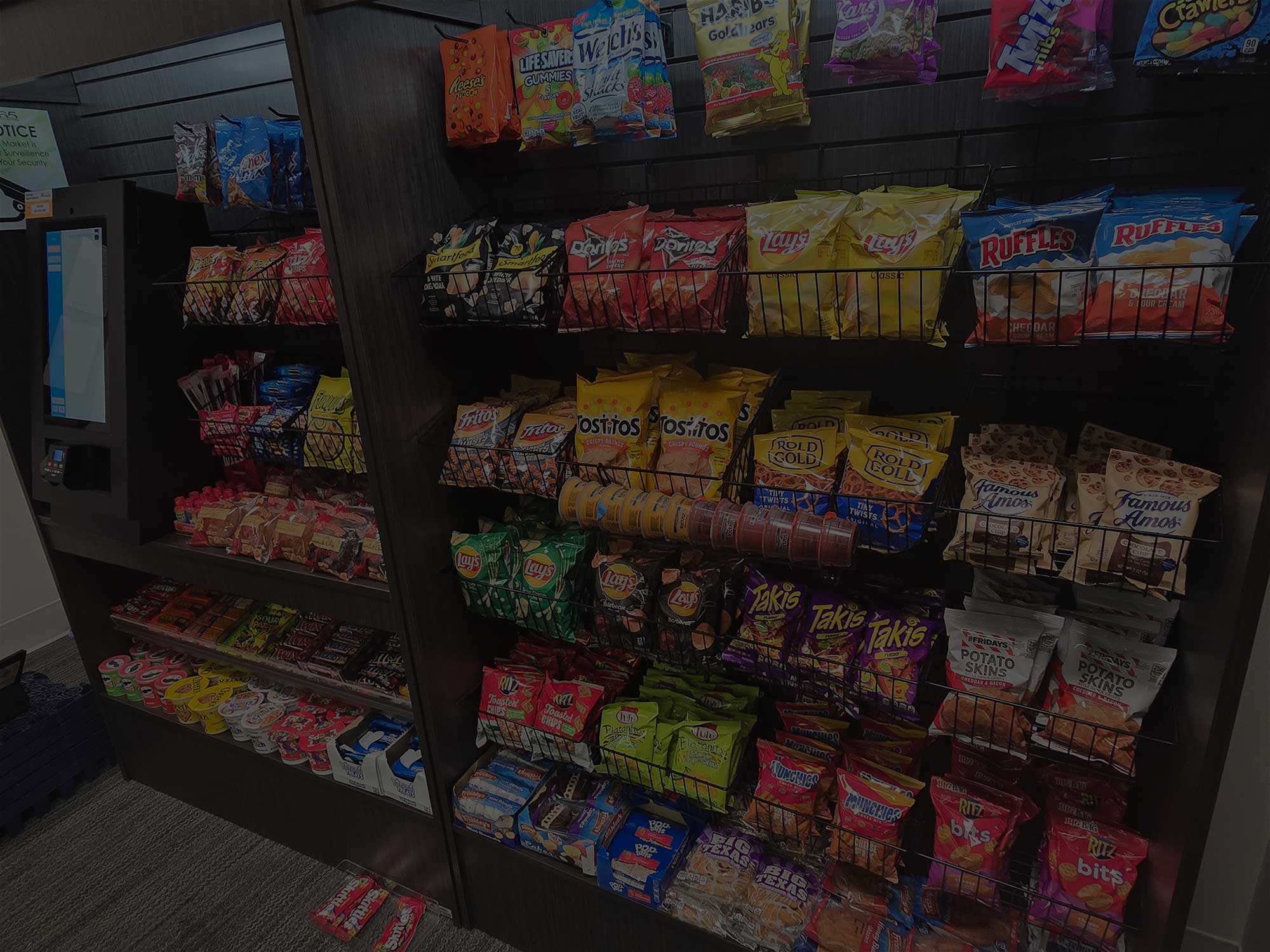 row of snacks on shelves