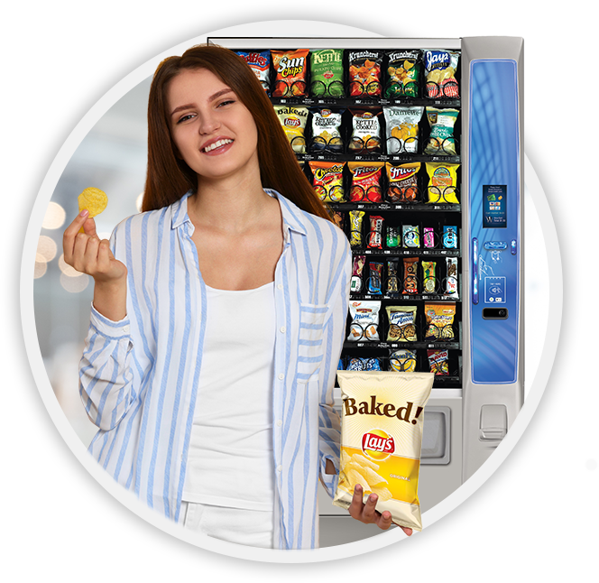 Woman holding chip by vending machine