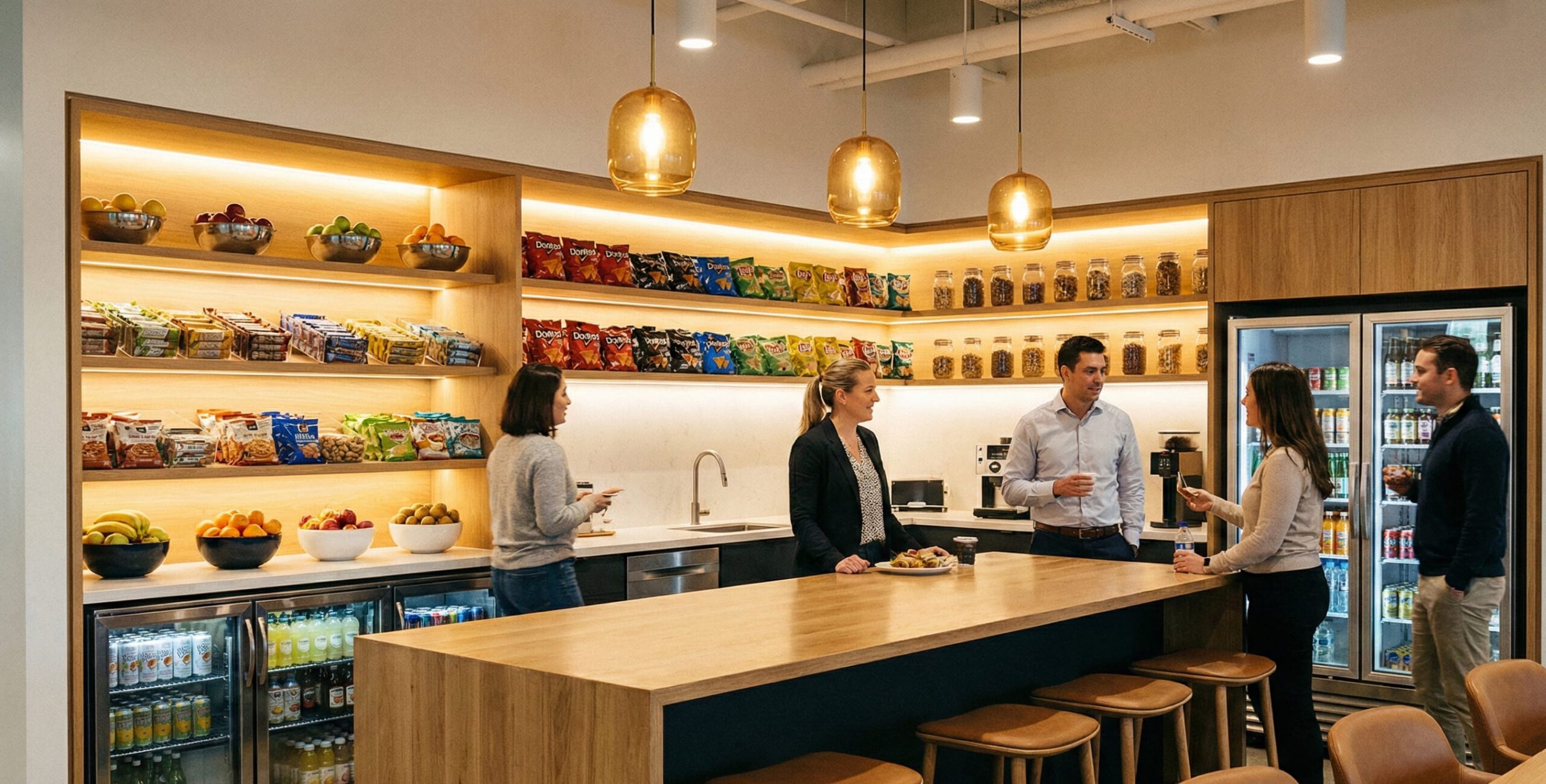people in nice breakroom with snacks
