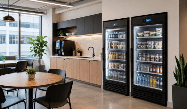 modern smart coolers in an office breakroom