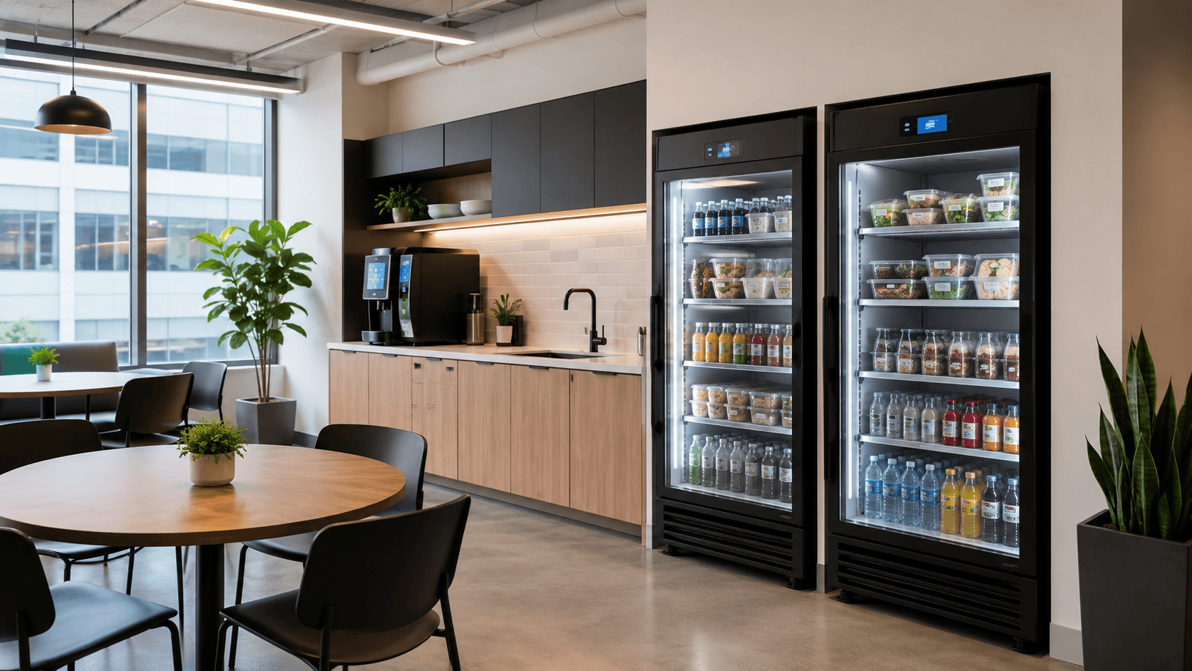modern smart coolers in an office breakroom