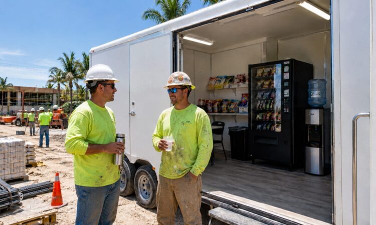 two workers outside a construction break trailer in southwest Florida