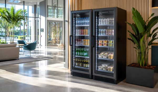 smart coolers in the lobby of an office building