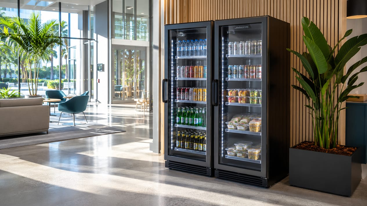 smart coolers in the lobby of an office building