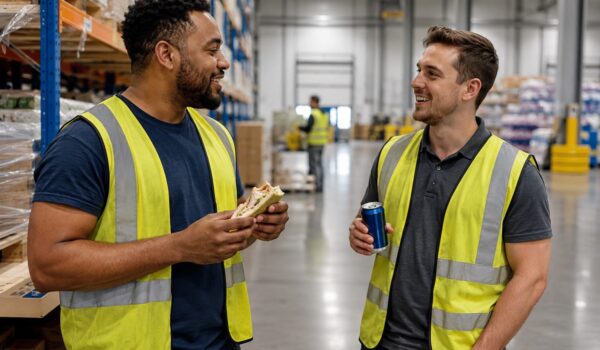 two warehouse workers enjoying snacks in southwest Florida warehouse