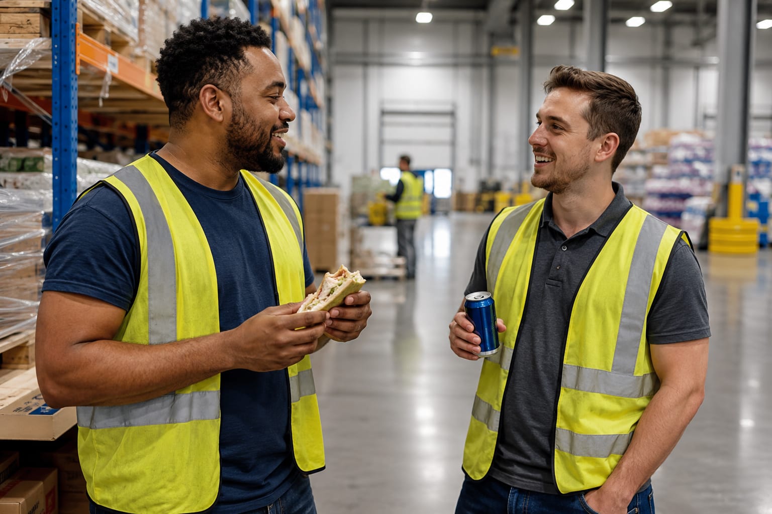 two warehouse workers enjoying snacks in southwest Florida warehouse